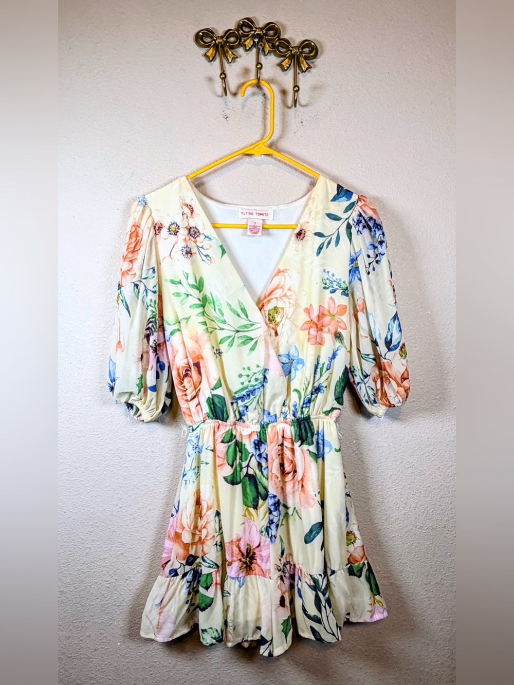 Flying Tomato Cream Floral V-Neck Faux Wrap Romper with Puff Sleeves. Size S